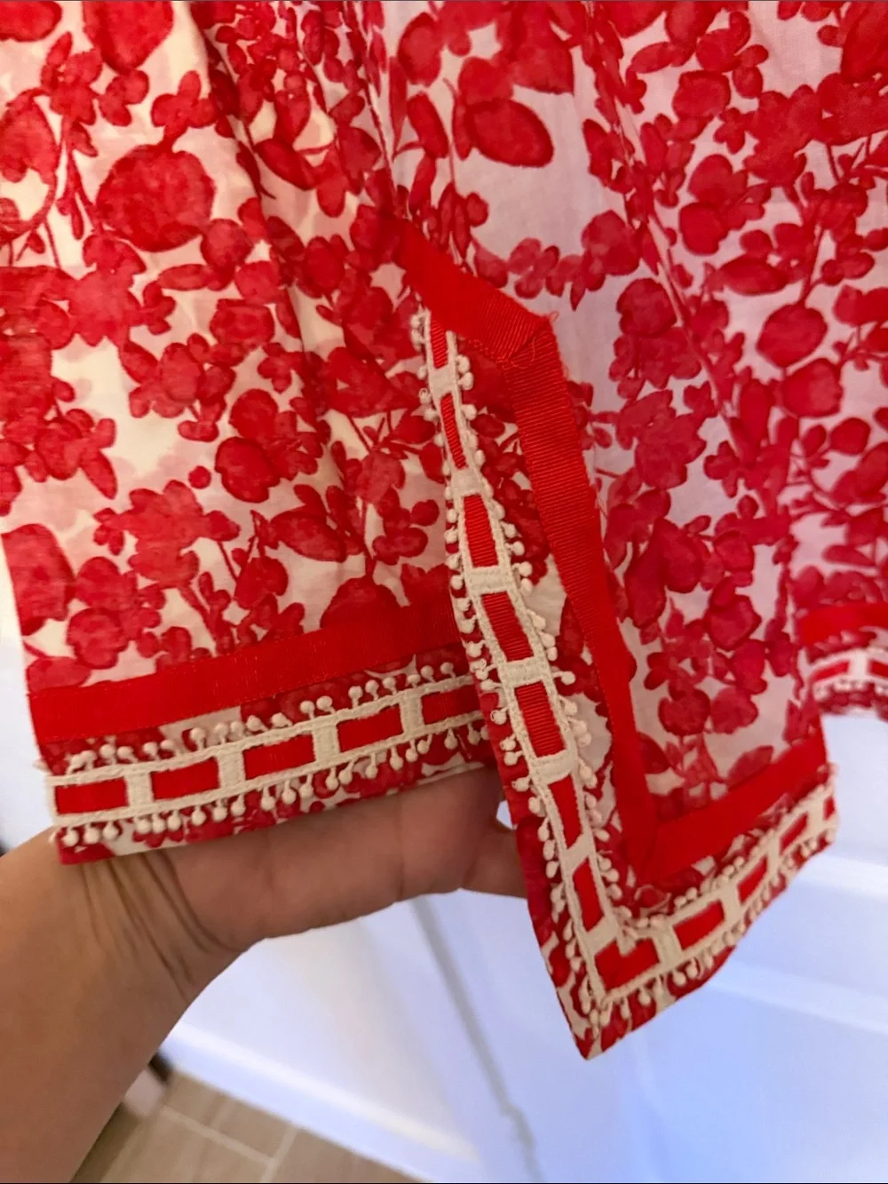 Tory Burch Womens Tunic Top Red Floral Beaded Lattice Resort Coas